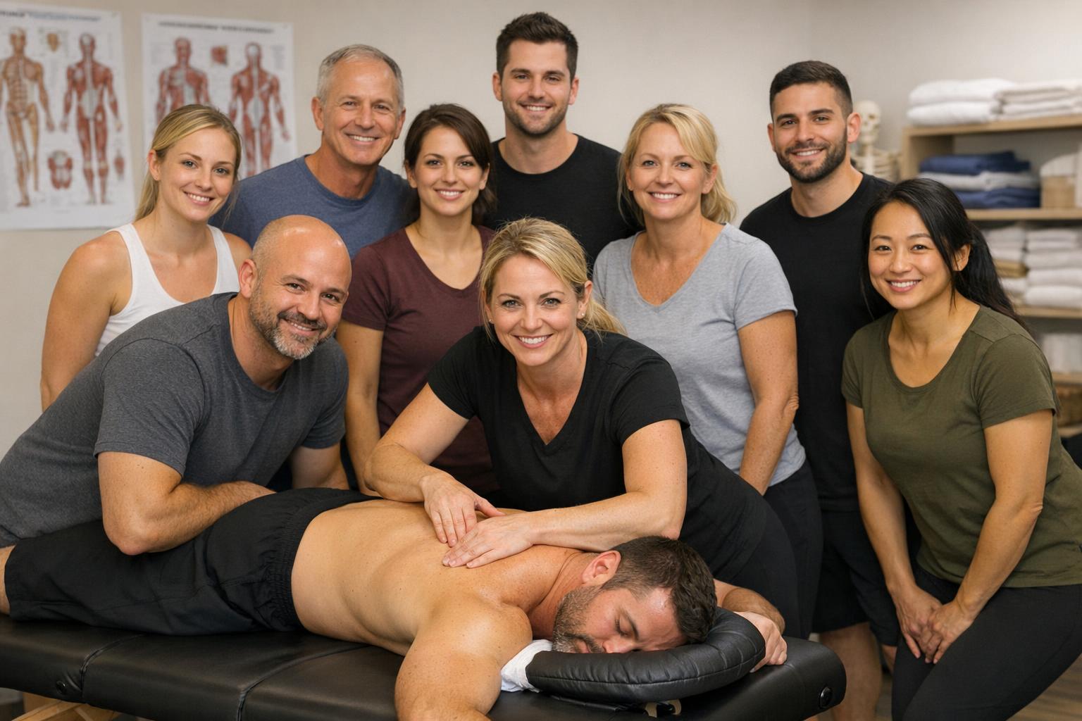 Grupa uczestników szkolenia praktycznego z masażu tkanek głębokich