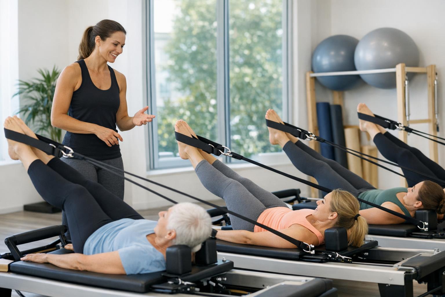 Zdjęcie małej grupy ćwiczącej pilates pod okiem instruktora
